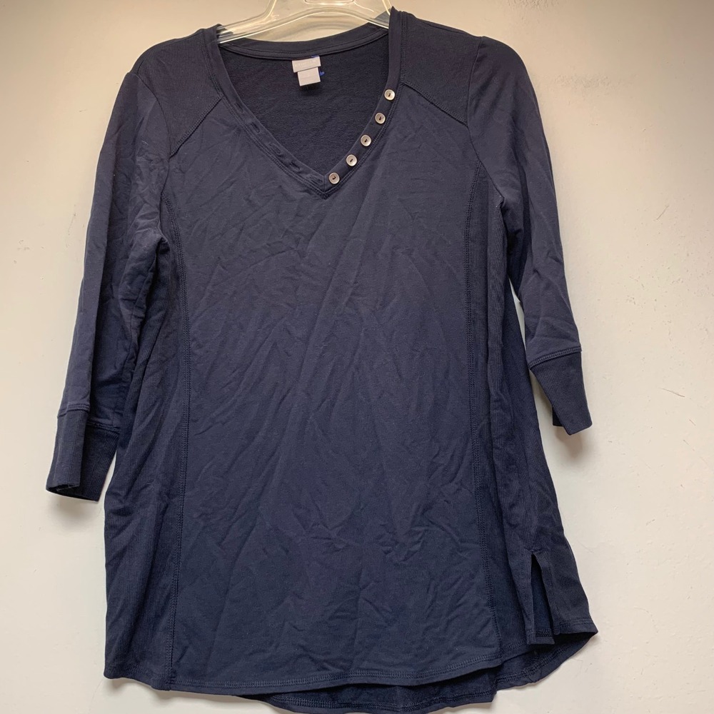Chico's Zenergy Tunic Women 2 L Navy Blue Excellent V-Neck Ribbed Henley Top